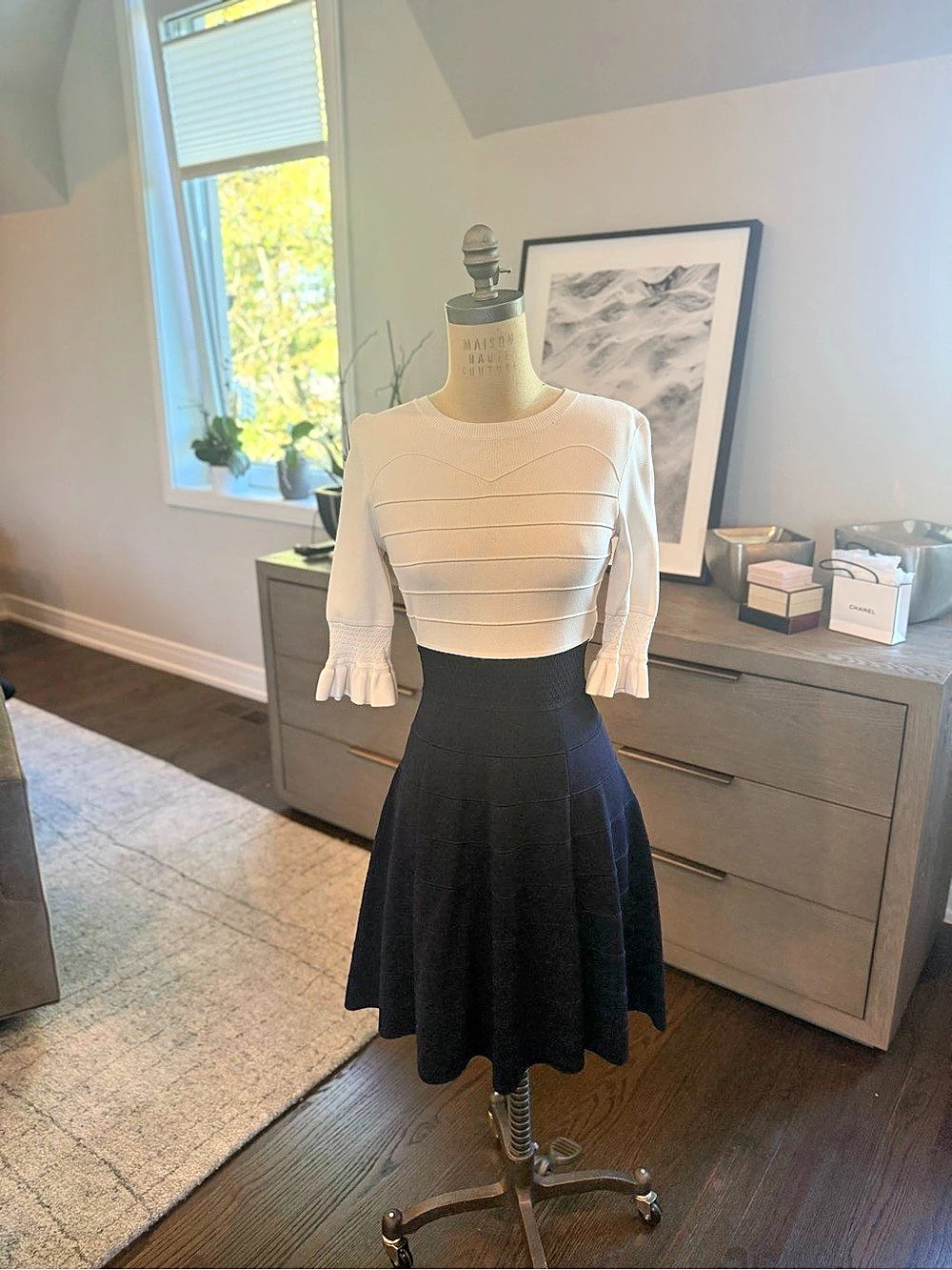 Ted Baker Olivia Rib Fit & Flare Dress White & Black Size Small